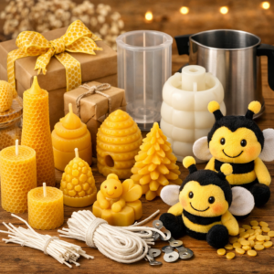 bienenwachskerzen und bastelzubehör arrangiert