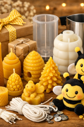 bienenwachskerzen und bastelzubehör arrangiert